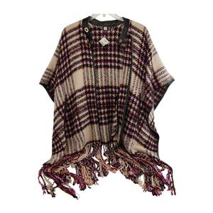 Coach Plaid Boucle Cape Women M/L Multicolor Wool Mohair Leather Trim New 83092